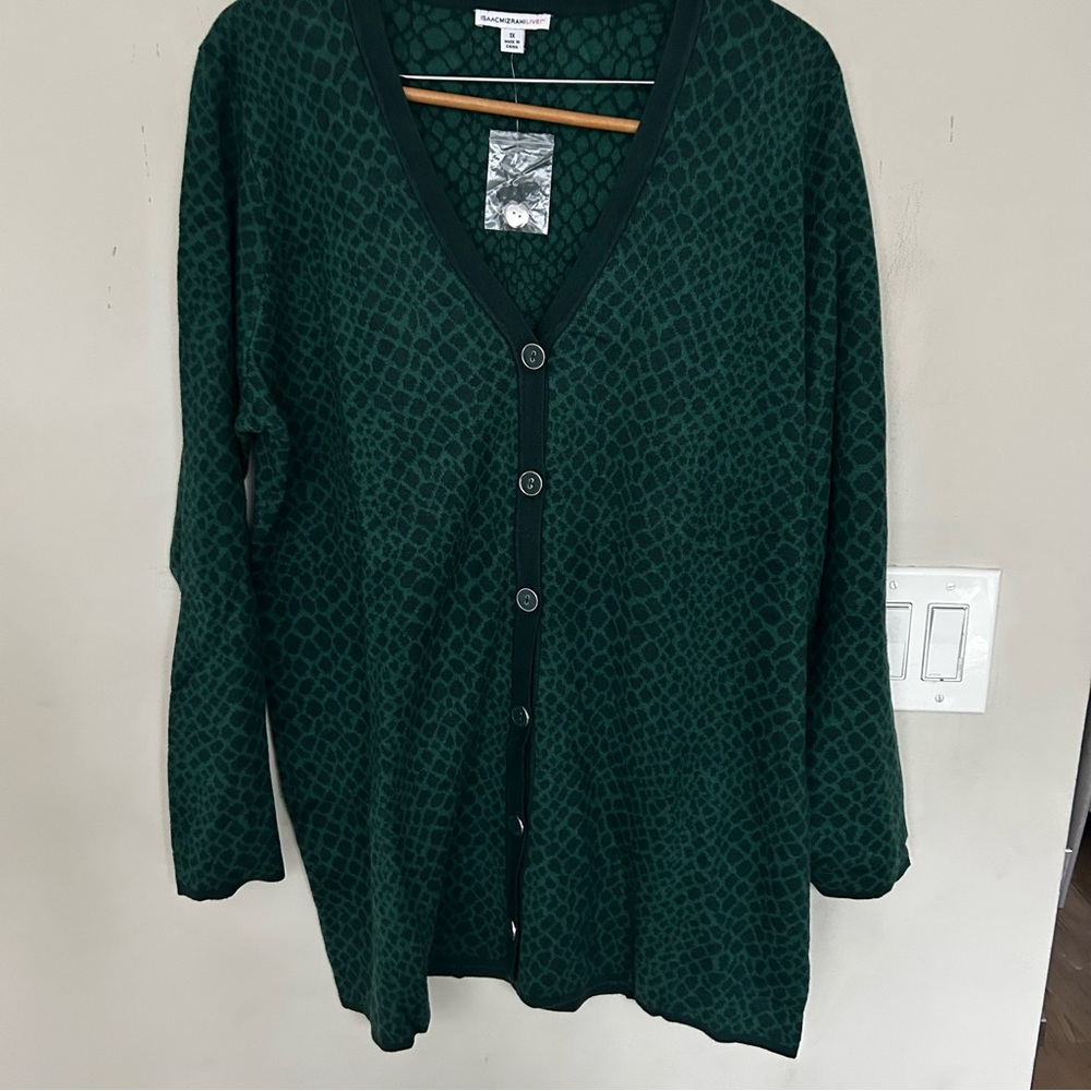 NWT Isaac Mizrahi Live Sweater Green Animal Print Cardigan. Size 1X